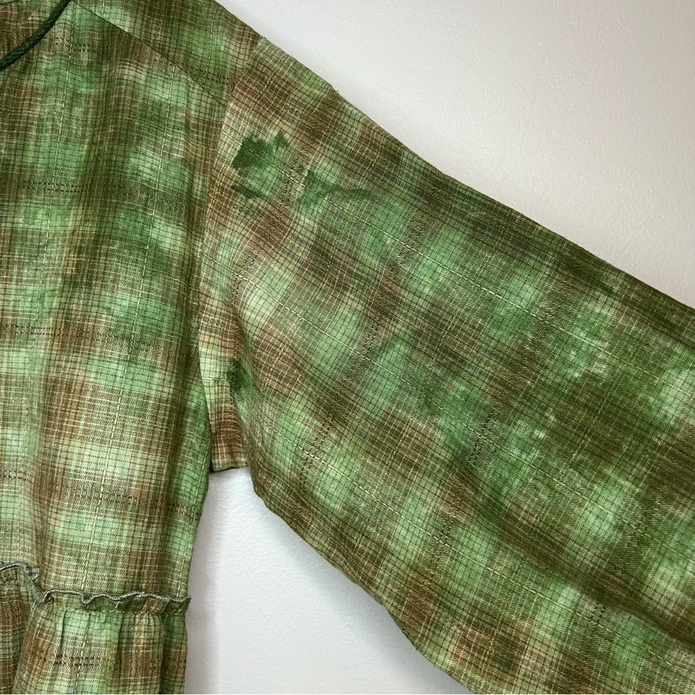 On You | Linen Tiered Tie Dye Mini Dress Babydoll Cuff Sleeve Bamboo Green Sz L - Picture 5 of 15